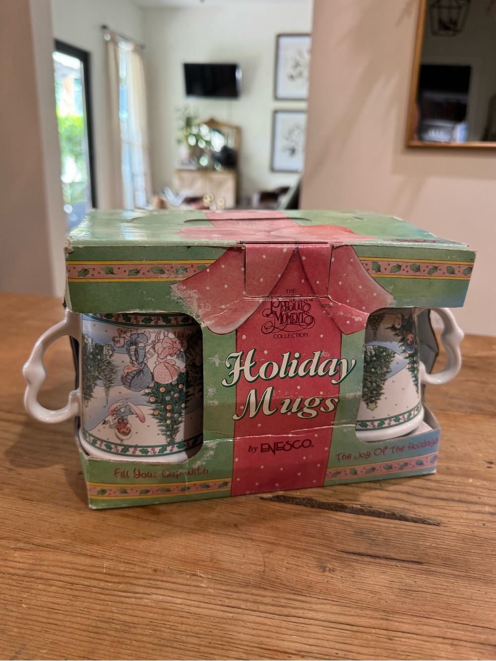 Enesco Precious Moments Holiday Mugs Set - Green and Pink Festive Ceramic Cups
